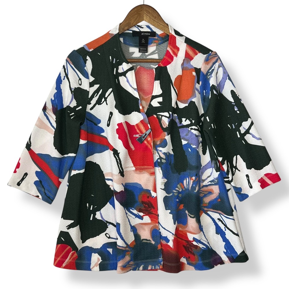 Ali Miles PS Abstract Floral Toggle‎ Button Jacket Multi Art to Wear Artsy Funky